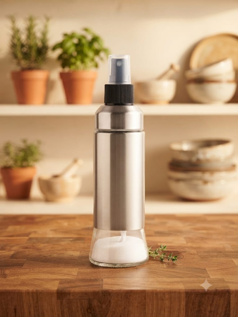 Atomizador spray aceite vinagre de acero inoxidable y cristal sobre tabla de madera