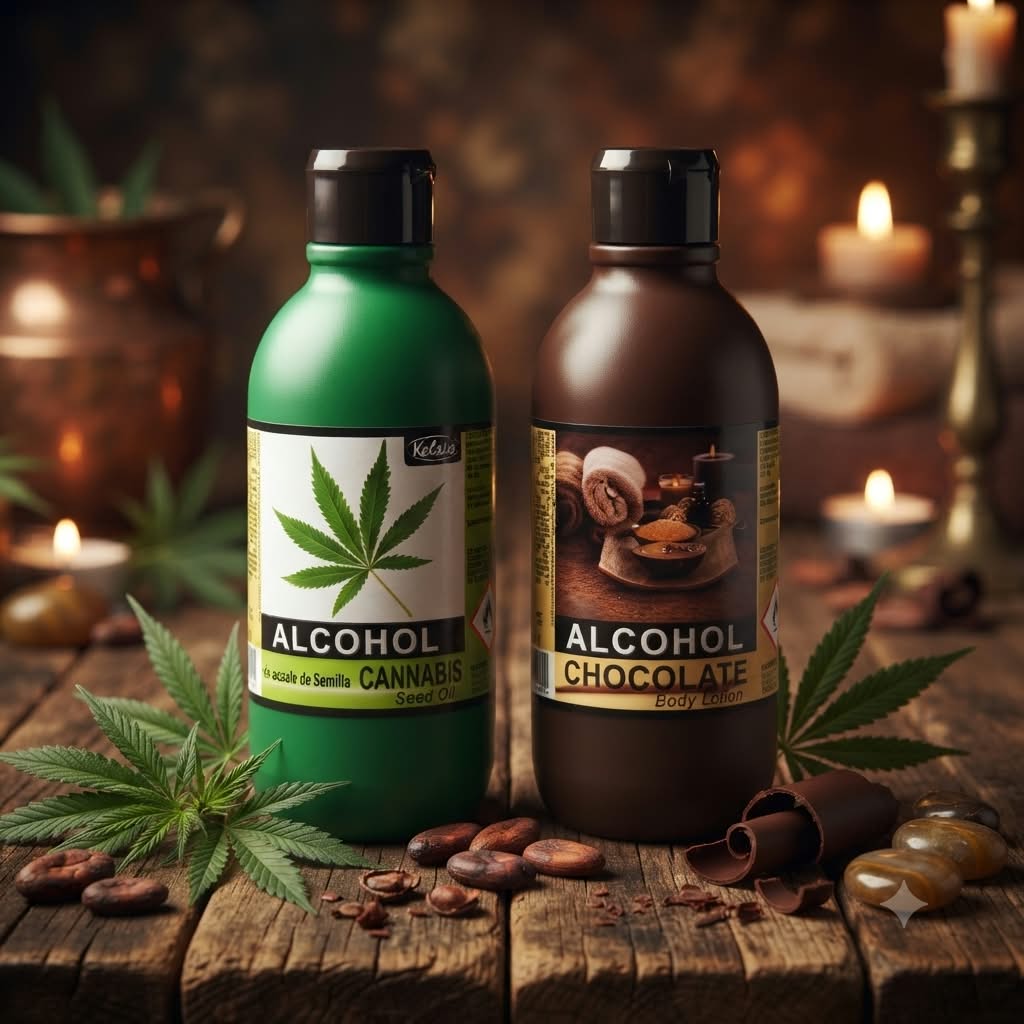 Alcohol de Masajes Kelsia - Cannabis Seed Oil y Chocolate Body Lotion