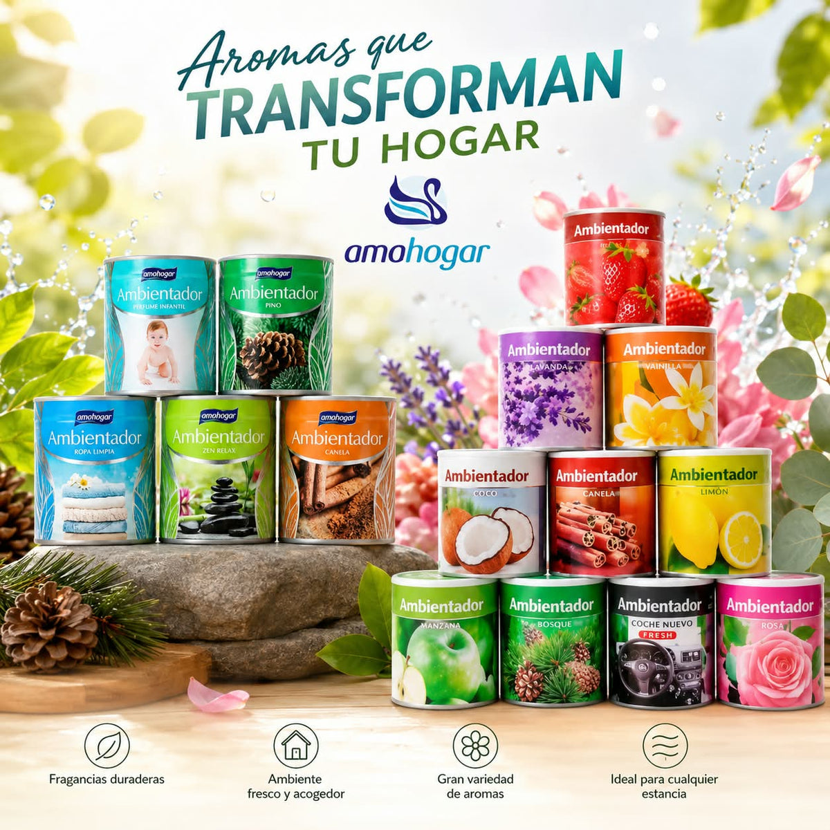 Ambientador vaso Amohogar fragancias surtidas lavanda vainilla pino canela rosa limón