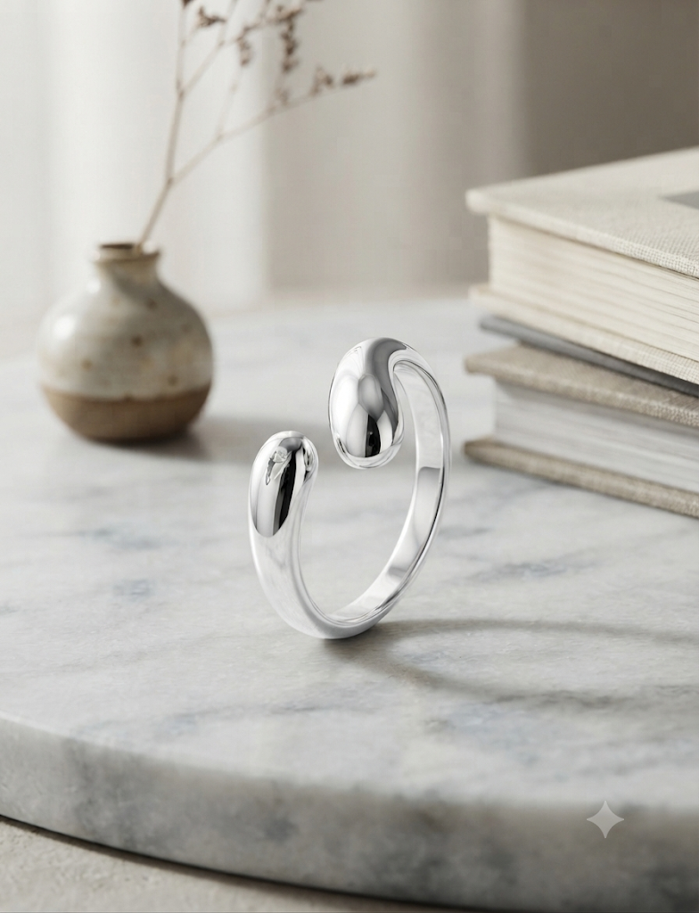 Anillo abierto doble gota acero inoxidable plateado minimalista ajustable