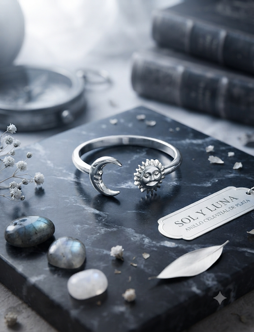 Anillo celestial Sol y Luna plata diseño astral boho místico ajustable