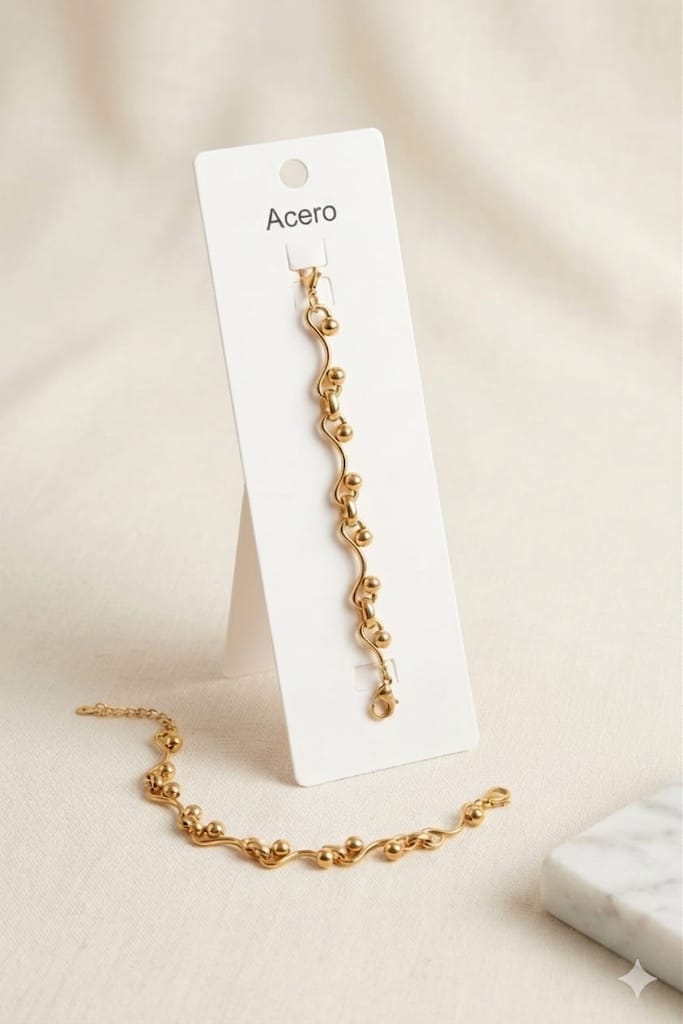 Pulsera Cadena Bolitas Ondulada Dorada Acero