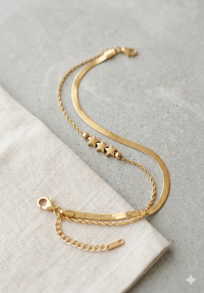 Pulsera Doble Cadena Estrellas Dorada Acero