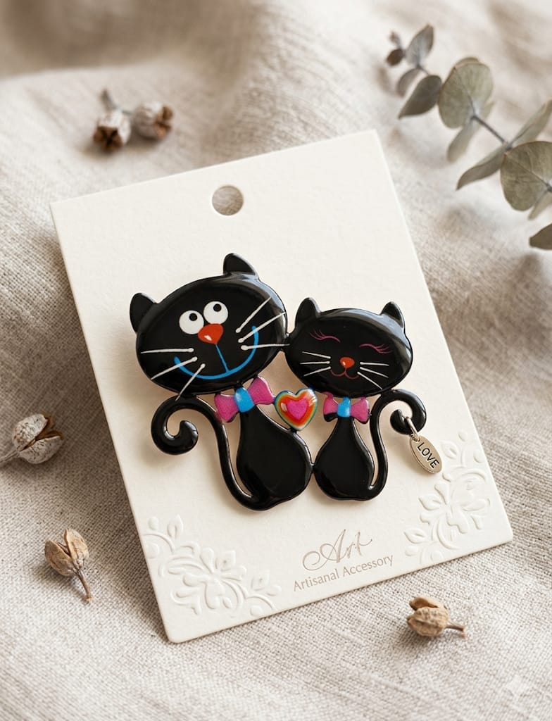 Art Artisanal Broche Pareja Gatos Negros Love