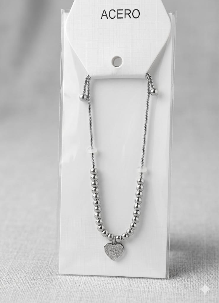 Pulsera de Bolas con Corazón de Circonitas - Acero Inoxidable
