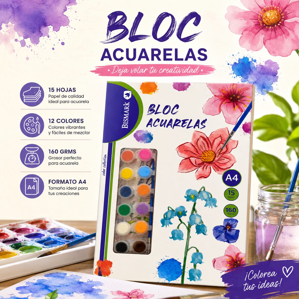 Bloc Acuarelas Bismark A4 15 hojas
