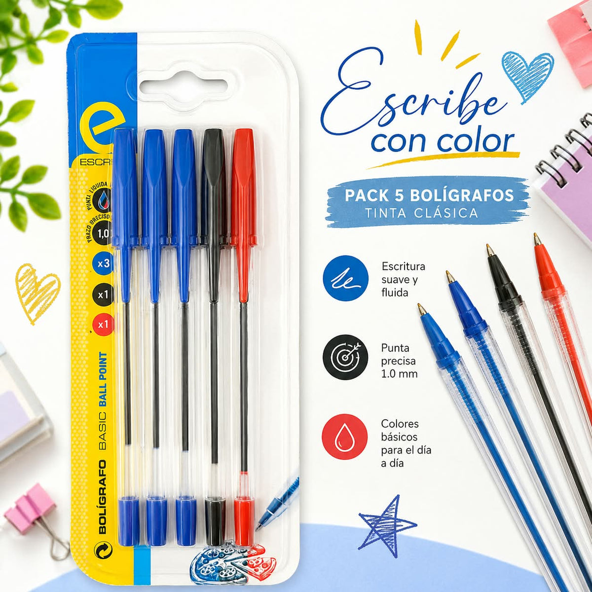 Bolígrafos Basic Ball Point Escribo pack 5 unidades azul negro rojo 1,0mm
