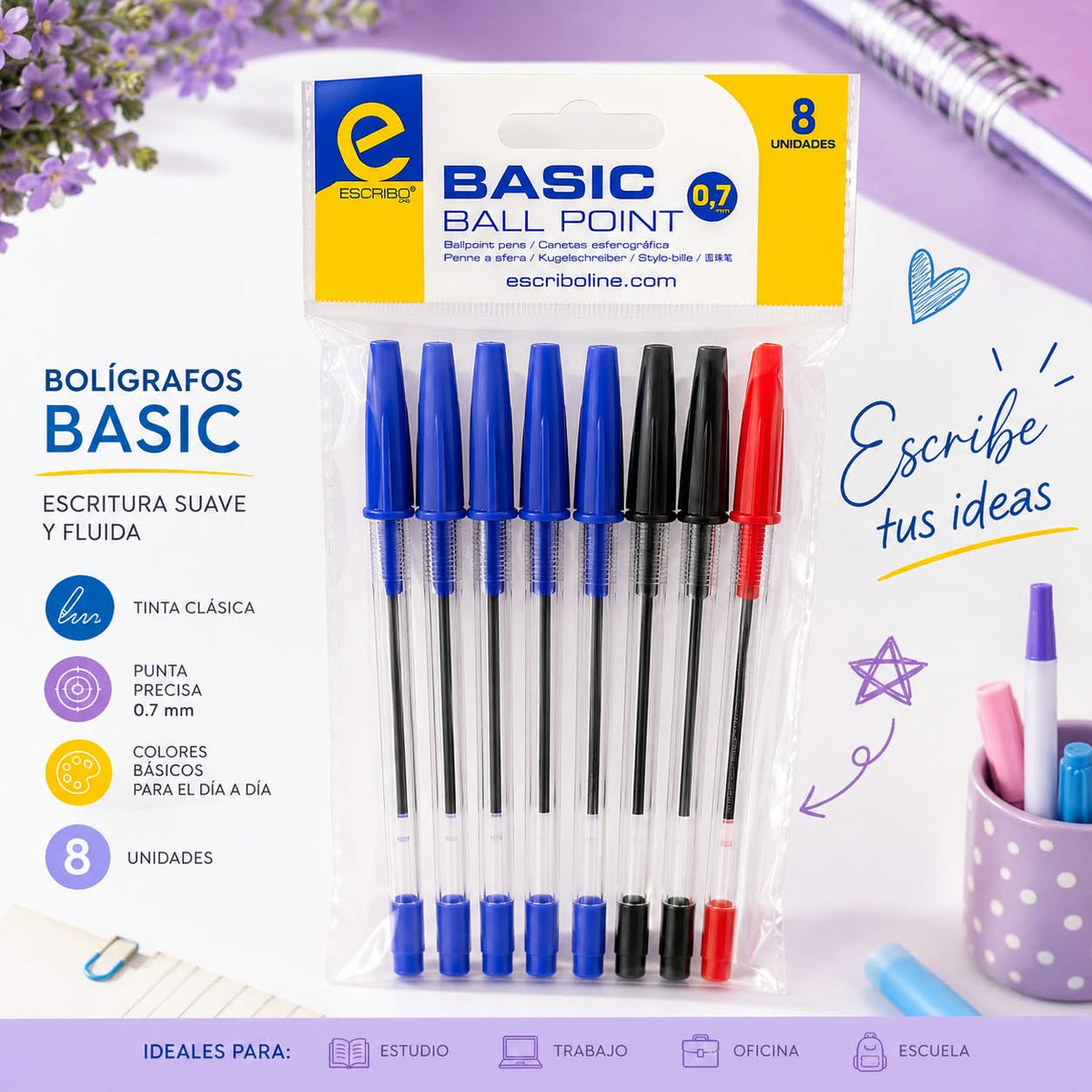 Bolígrafos Basic Ball Point Escribo pack 8 unidades azul negro rojo 0,7mm