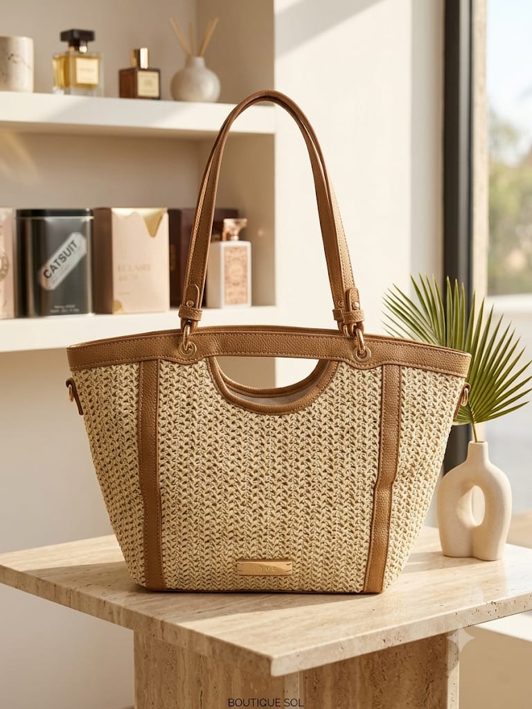 Bolso Tote Rafia Boutique Sol — Asas de Cuero Camel