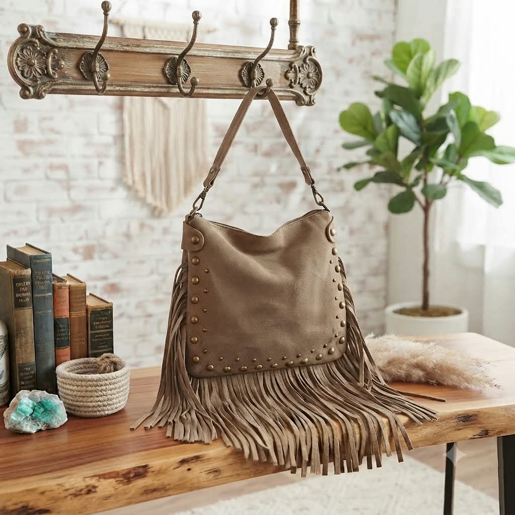 Bolso Bea de ante con flecos y tachuelas bronce vista frontal