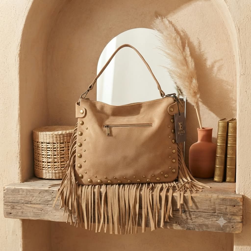 Bolso Bea de ante con flecos y tachuelas bronce vista trasera