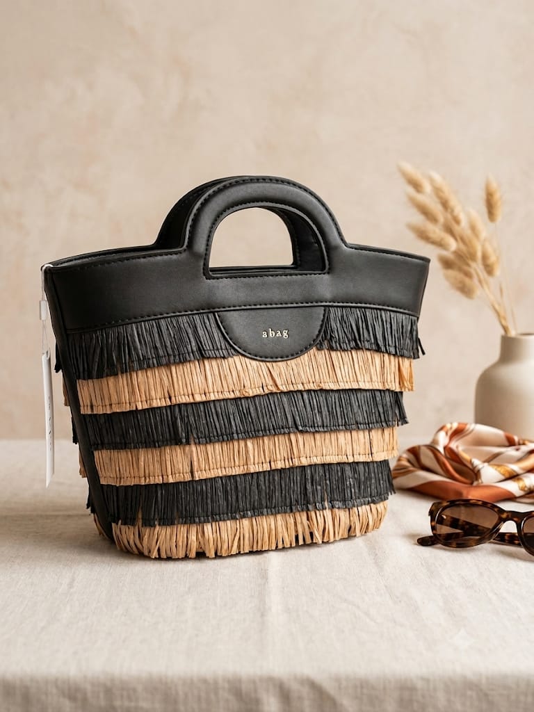 Bolso Cesta Flecos Bicolor Abag — Negro y Camel