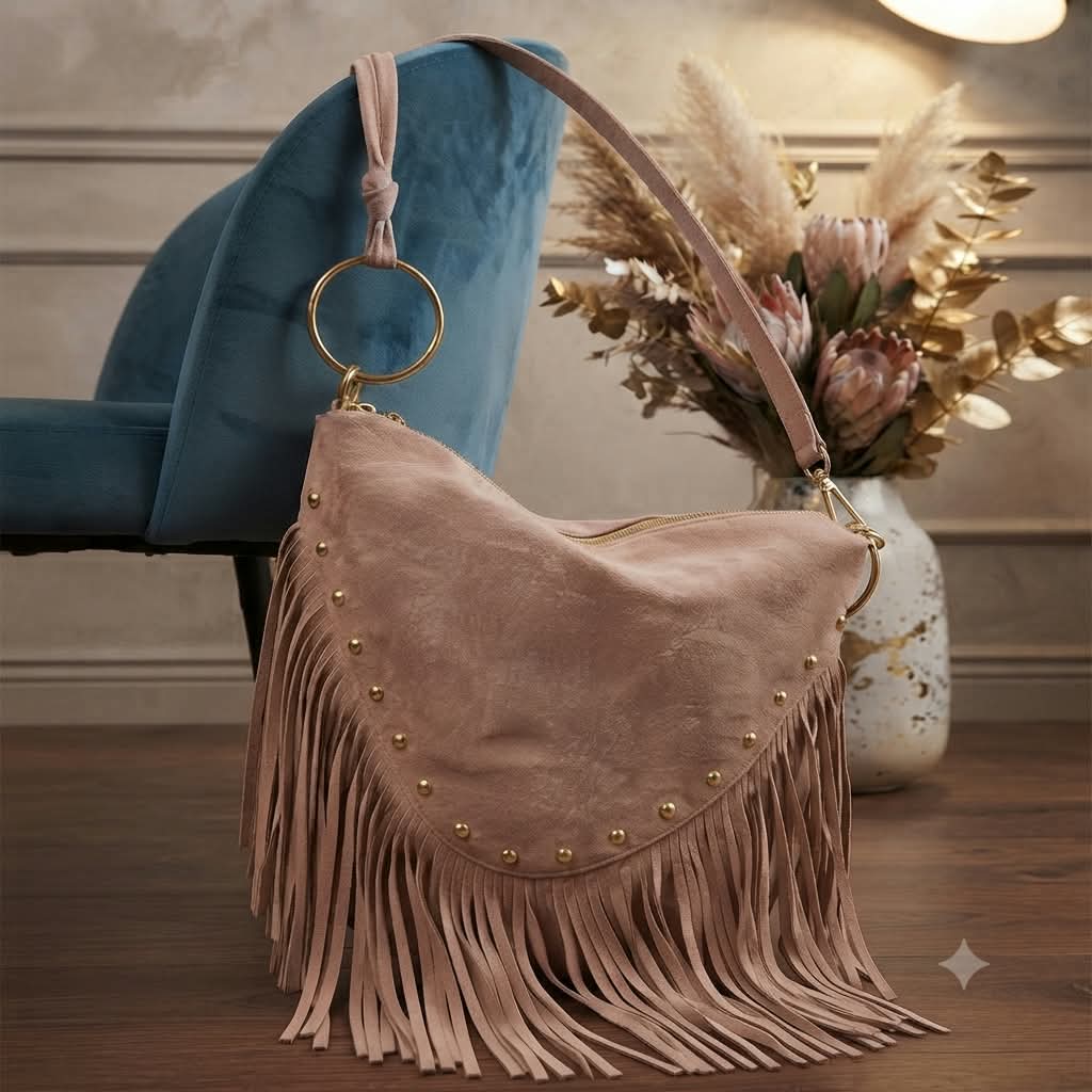 Bolso Boho Flecos Anillas color rosa nude vista frontal