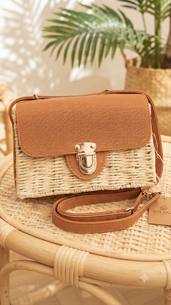 Bolso maletín rafia y polipiel camel SOLANA con bandolera