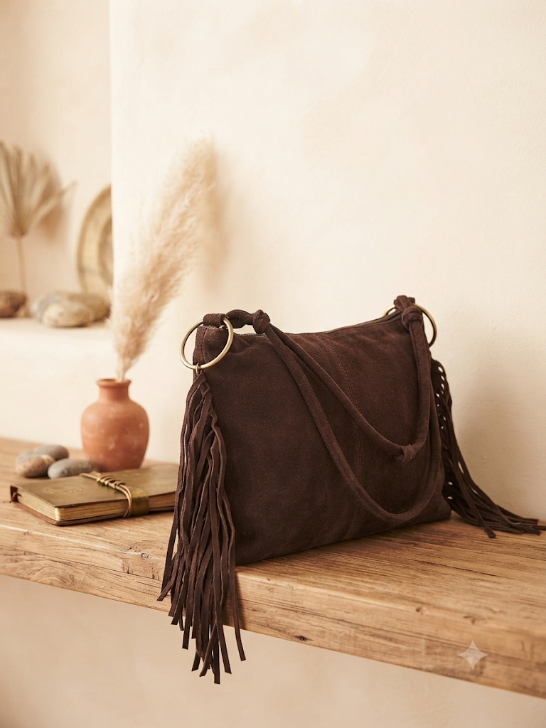 Bolso boho flecos marrón oscuro vista lateral