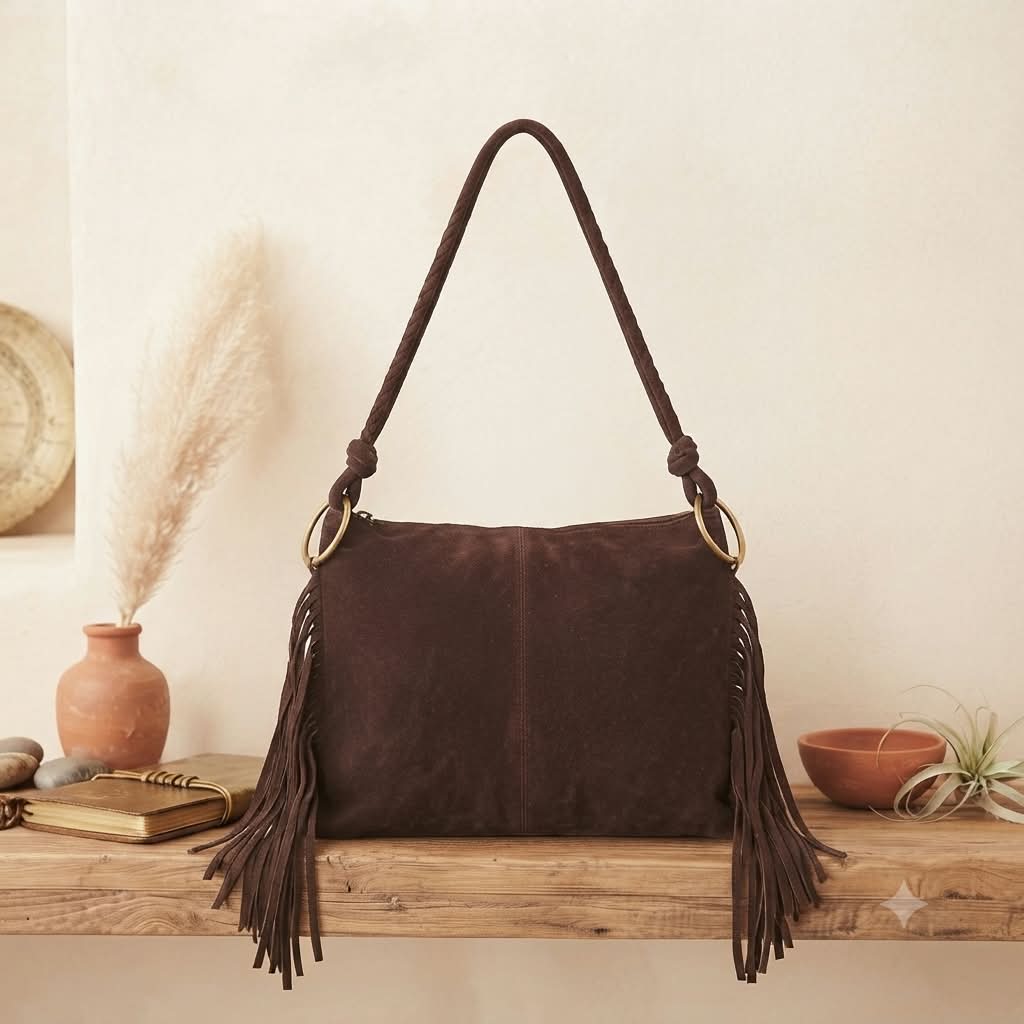 Bolso boho flecos marrón oscuro vista frontal