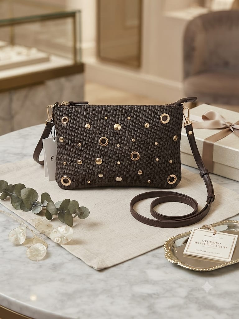Bolso bandolera rafia marrón con tachuelas doradas Studded Woven Clutch