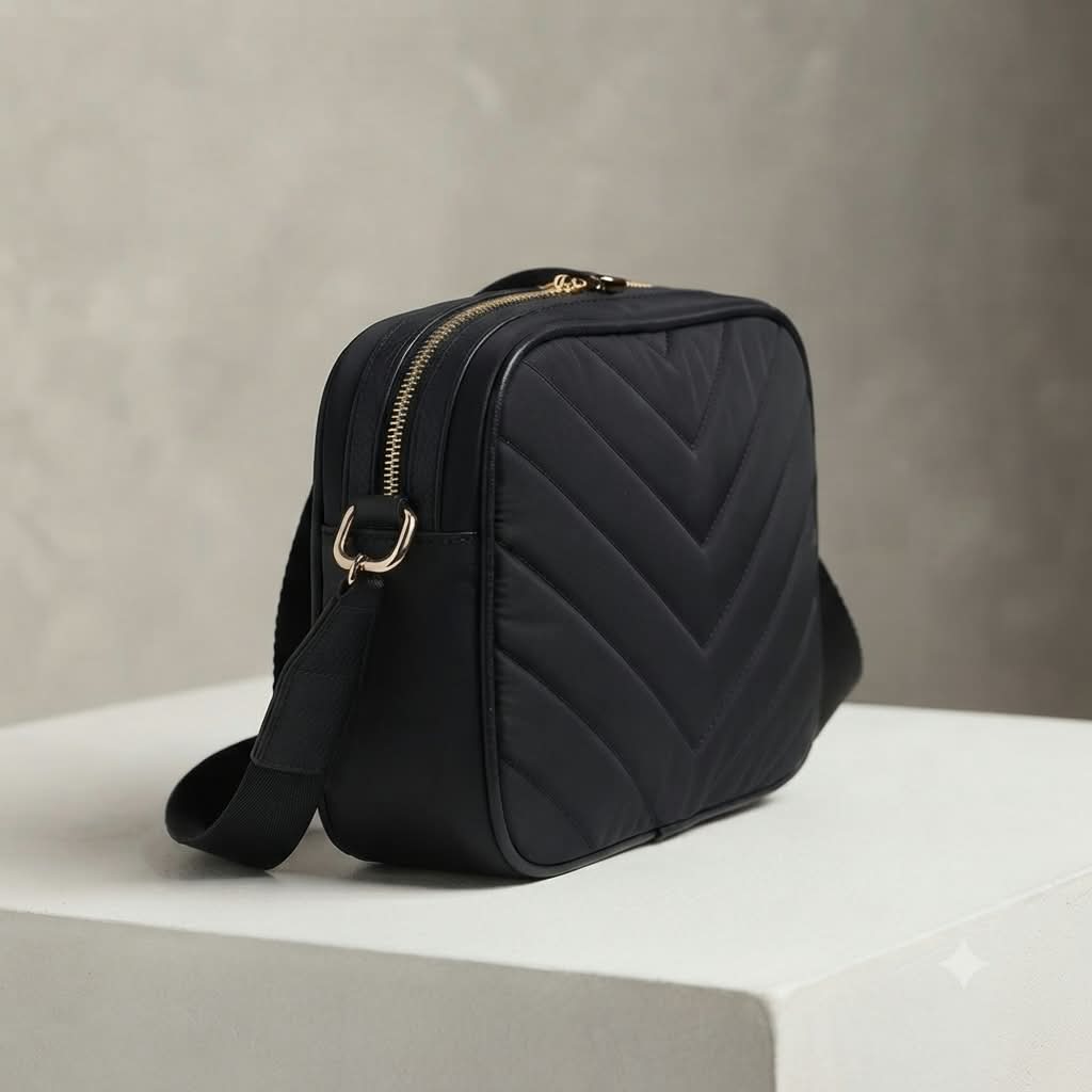 Bolso Camera Bag Negro Acolchado vista lateral con costura chevron