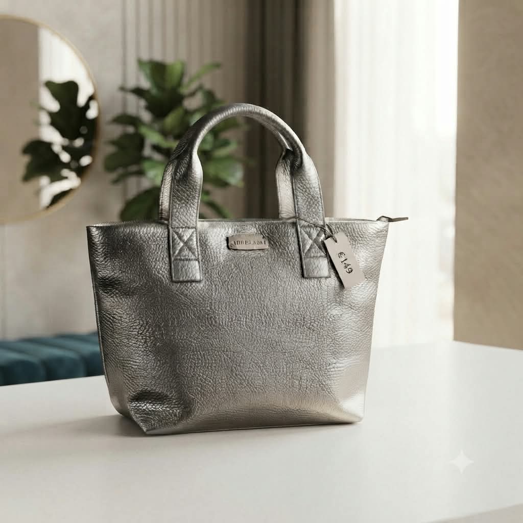 Bolso tote plateado con acabado metalizado y asas superiores