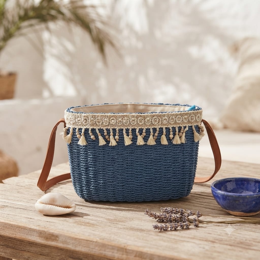 Bolso de Rafia Azul con Flecos y Cuentas Bandolera