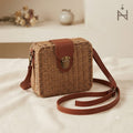 Bolso de Rafia Cuadrado con Solapa y Bandolera marrón