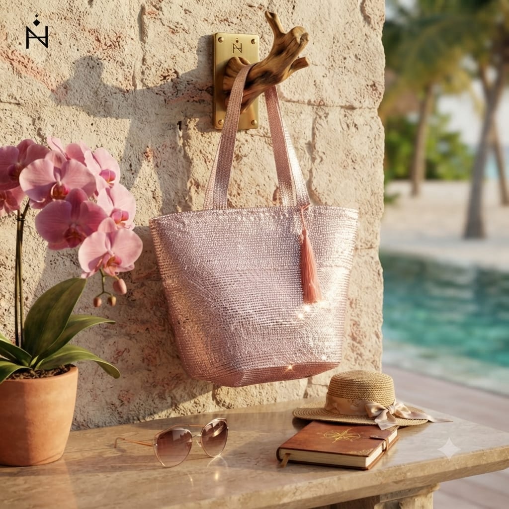 Bolso Tote de Rafia Rosa Metalizado con Borla
