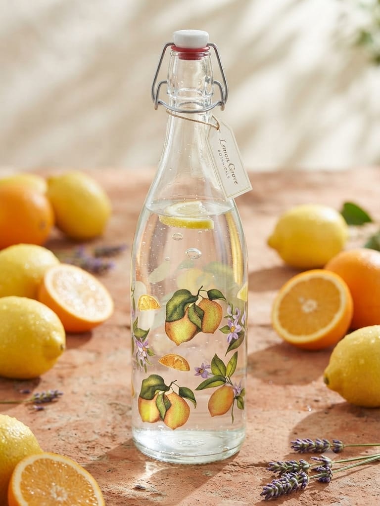Botella de cristal Lemon Grove con estampado de limones y cierre hermético