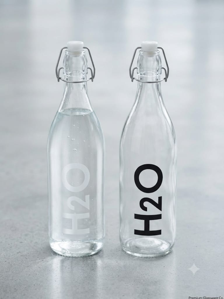 Botella de cristal H2O Premium Glassware con cierre hermético - letras blancas y negras