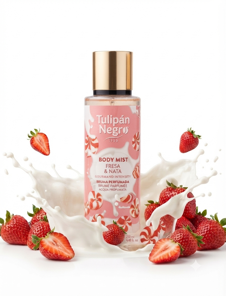 Bruma perfumada Tulipán Negro Fresa y Nata 230ml con fresas y leche de fondo