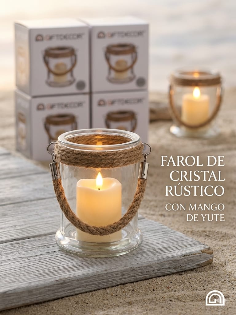 Farol de Cristal Rústico con Mango de Yute