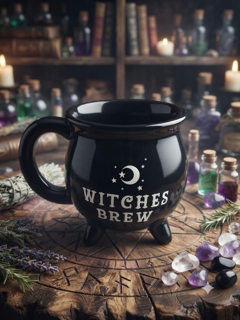 Taza Caldero Witches Brew - Taza bruja negra con luna y estrellas