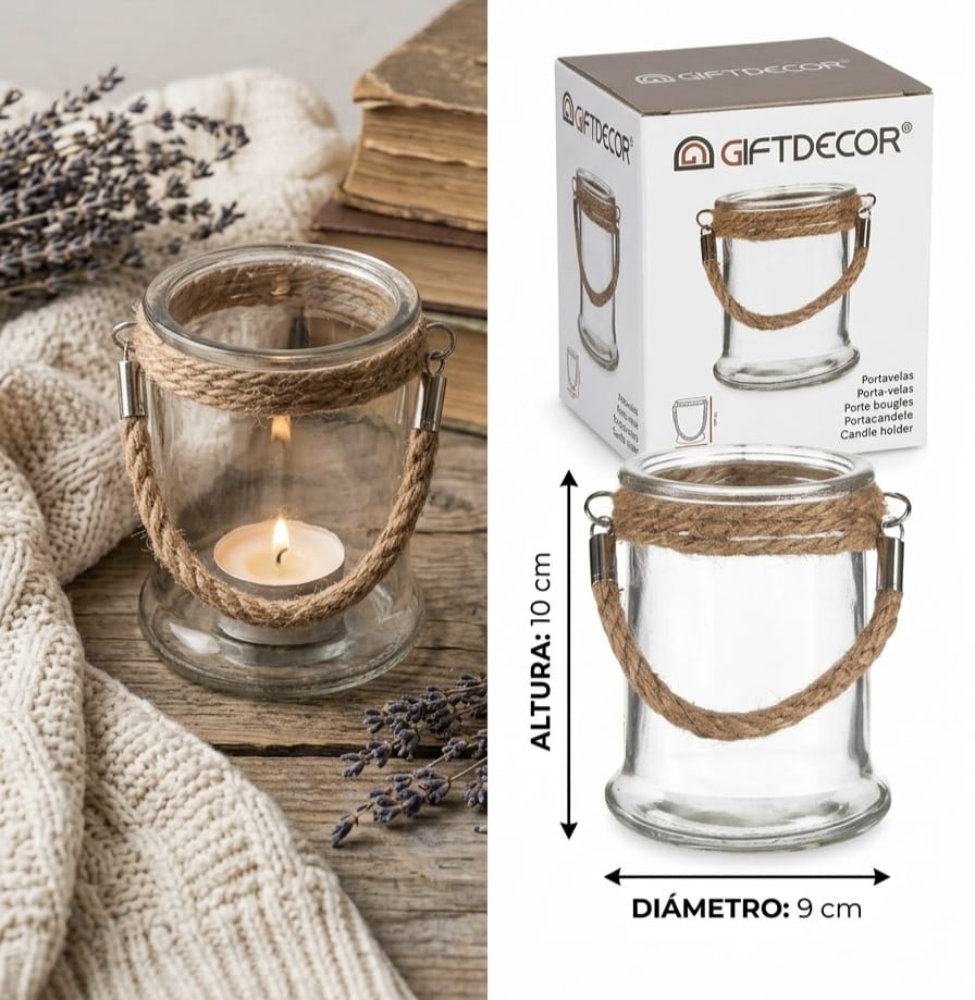 Farol de Cristal Rústico con Mango de Yute