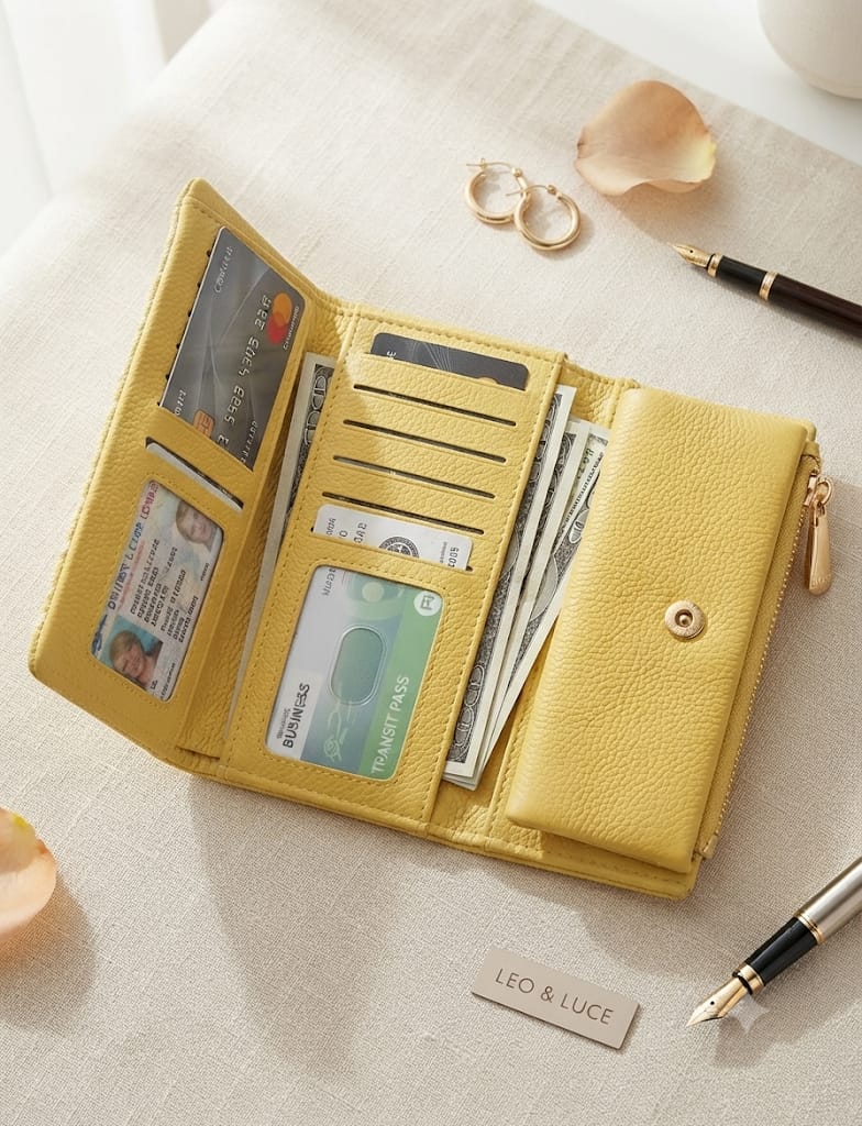 Cartera K&CO amarilla interior abierta con tarjetas billetes y monedero