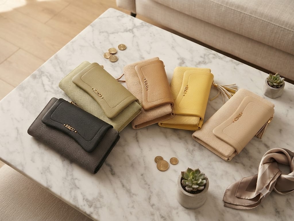 Carteras grandes K&CO pastel 5 colores sobre mesa de mármol