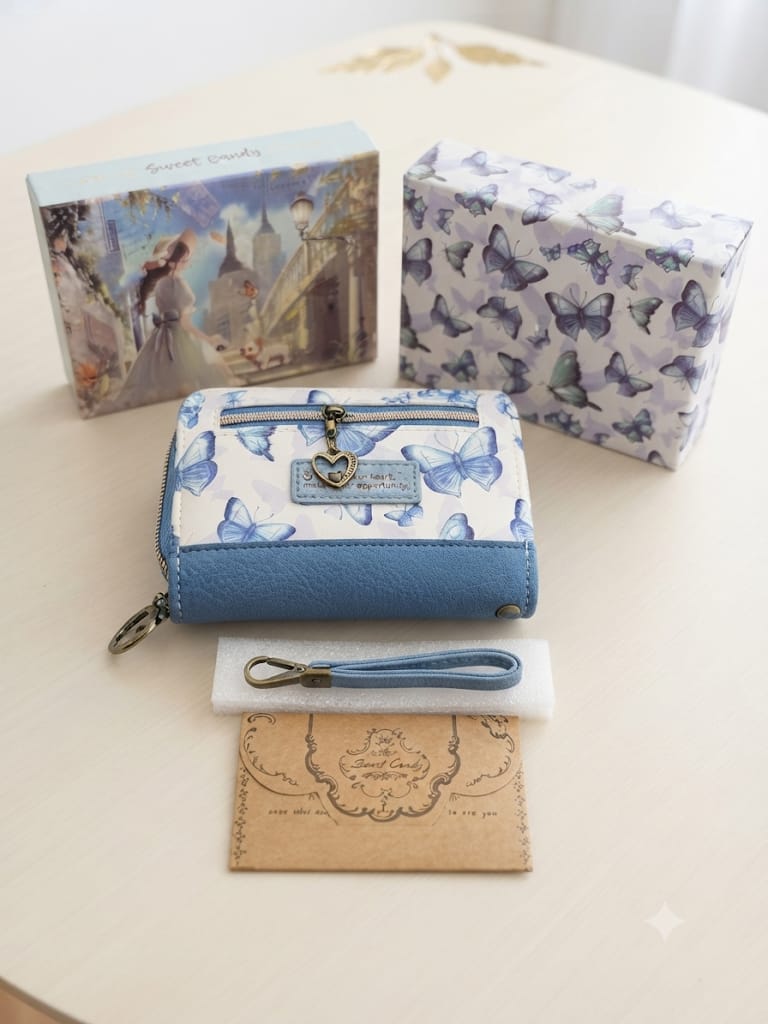 Cartera Sweet Candy azul mariposas exterior y accesorios