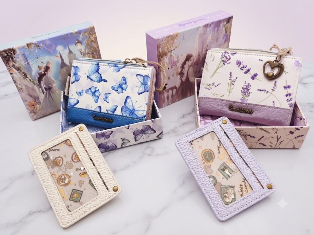 Cartera Sweet Candy azul mariposas y lila lavanda con caja regalo