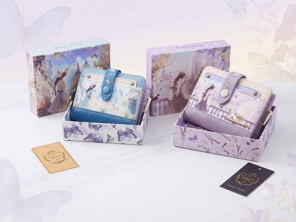 Cartera Sweet Candy azul y lila en caja regalo ilustrada