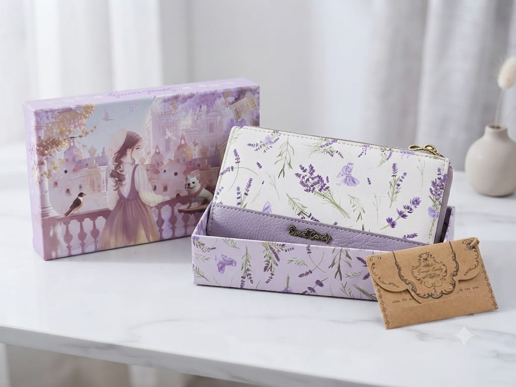 Cartera larga Sweet Candy lavanda exterior con caja regalo lila y sobre dorado