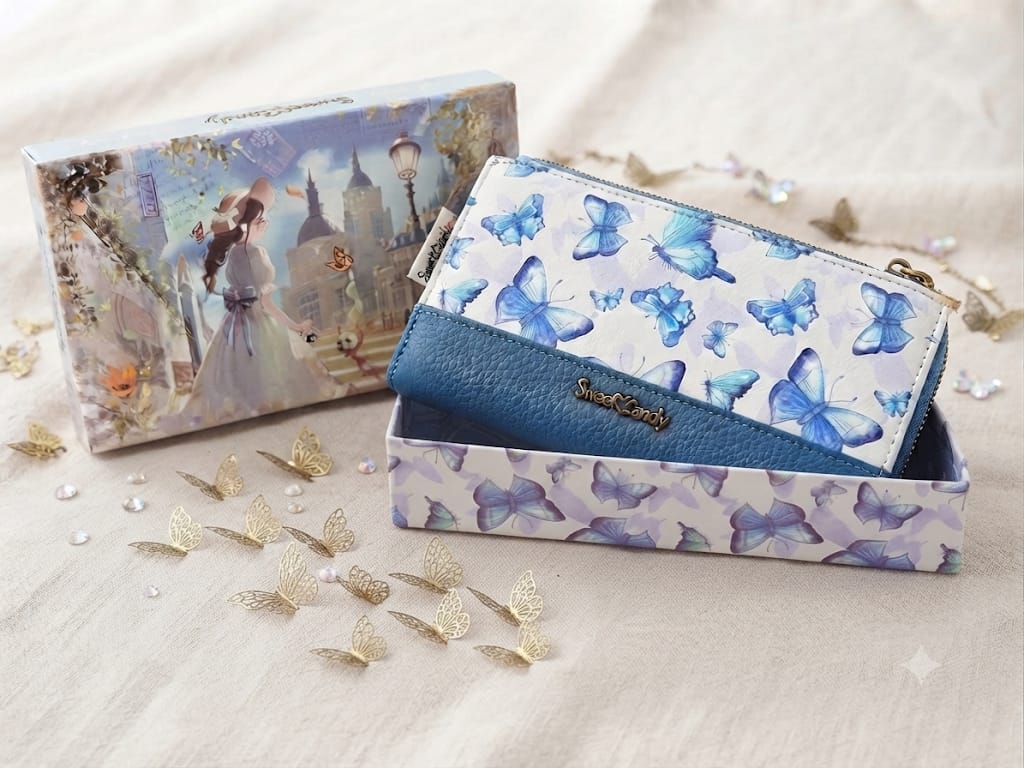 Cartera larga Sweet Candy mariposas azul con caja regalo