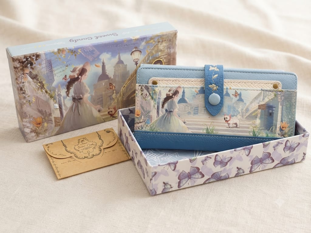 Cartera larga Sweet Candy azul exterior chica anime con caja regalo y sobre dorado