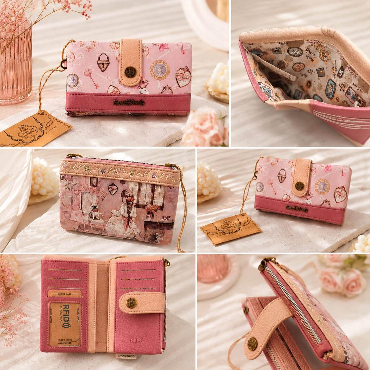 Cartera Sweet Candy Rosa Madiana Collection collage exterior interior RFID