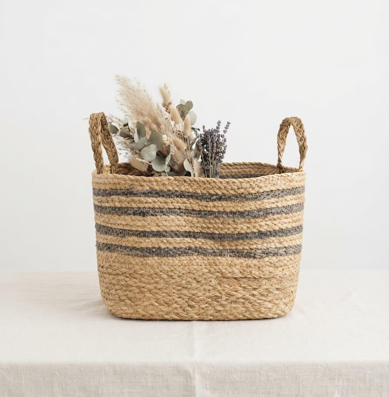 Cesta esparto natural rayas grises con asas trenzadas y flores secas