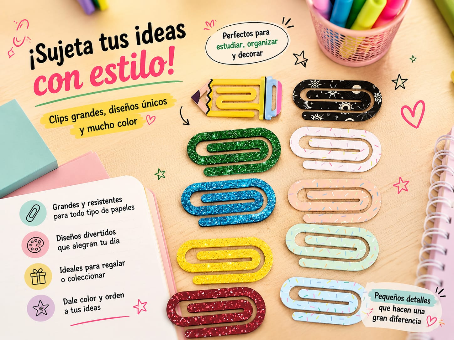 Clips grandes de metacrilato en múltiples colores y diseños: glitter, pastel y estampados