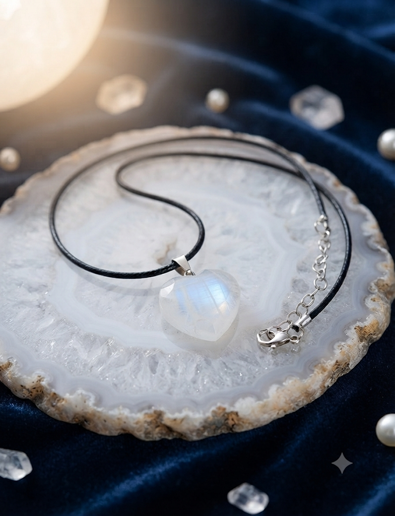 Collar colgante corazón piedra luna moonstone cordón negro