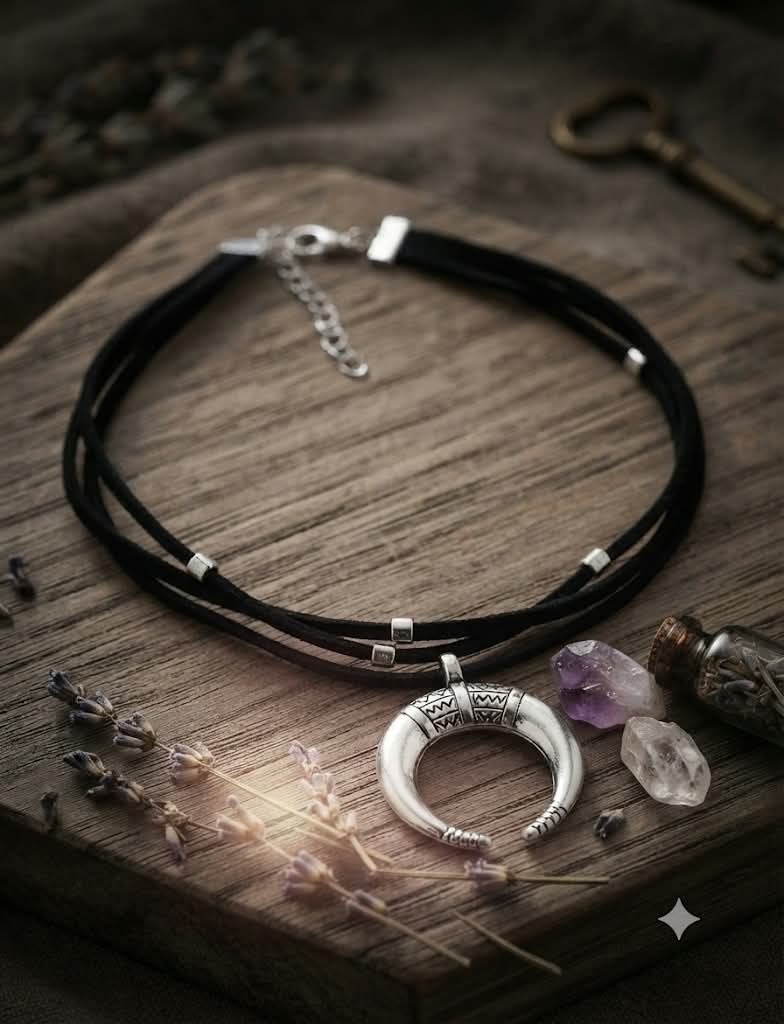 Collar de cuerda negra con colgante luna creciente plateada y grabados tribales