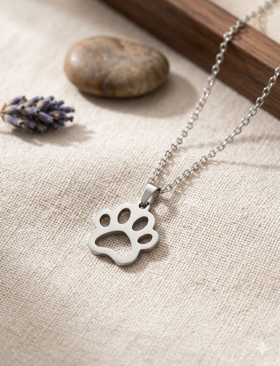 Collar colgante huella de mascota calada en acero inoxidable plateado