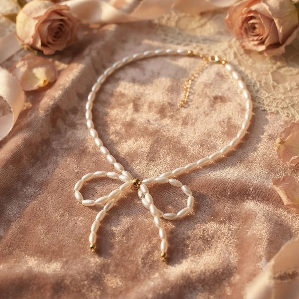 Collar de perlas con lazo central dorado sobre tela rosa con rosas