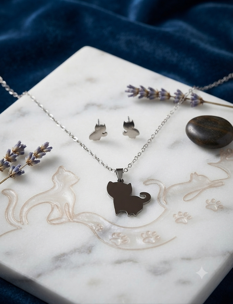Conjunto de collar y pendientes de acero con silueta de gato plateada