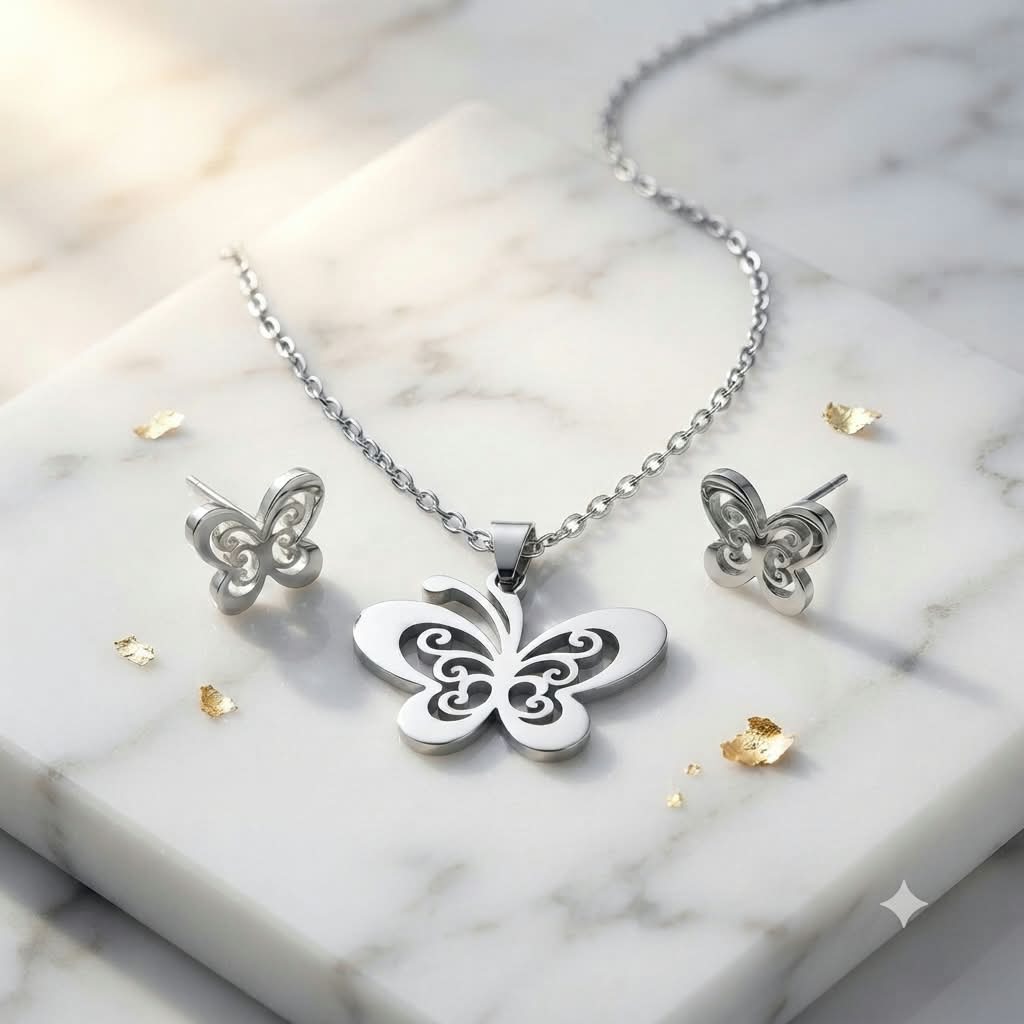 Conjunto de collar y pendientes de acero con diseño de mariposa con grabados en espiral