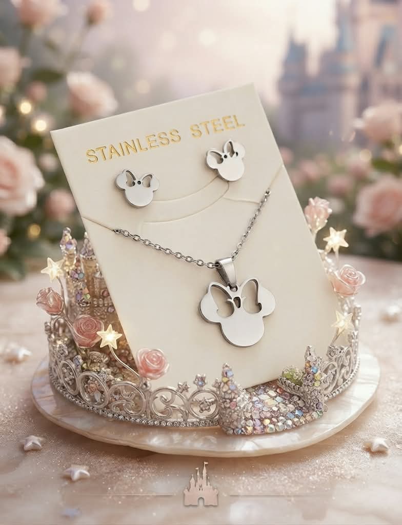 Conjunto Minnie Mouse acero inoxidable plata colgante pendientes tarjeta Stainless Steel